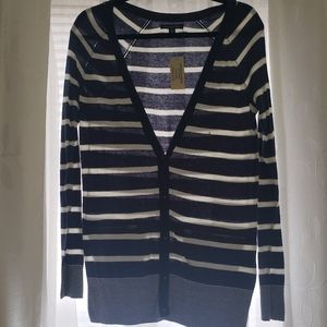 blue and white button up cardigan